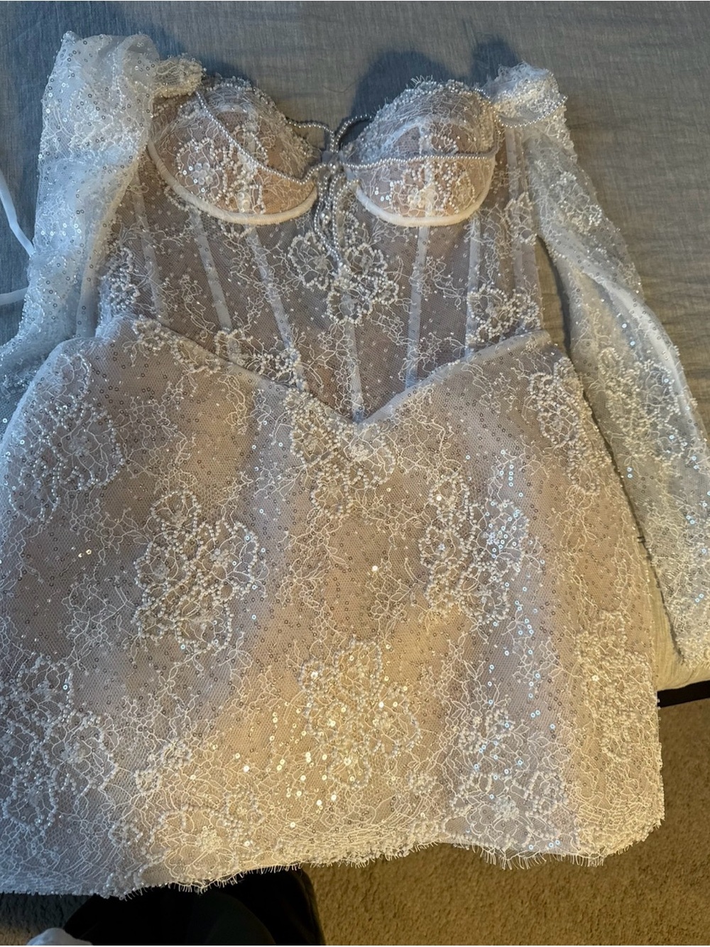 White Lace Off-Shoulder Corset Mini Dress with Choker - Picture 5 of 6